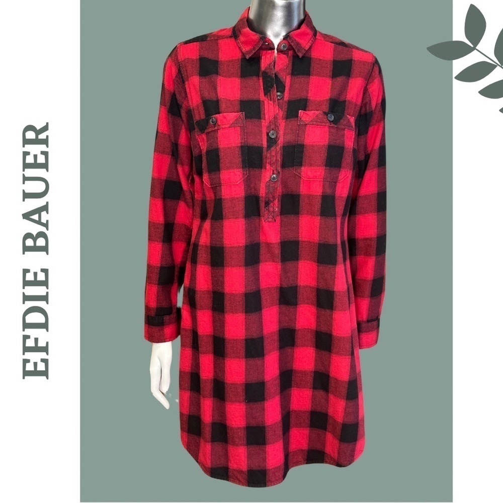 🛍️ Eddie Bauer Buffalo Flannel Shirt Dress Red Black Long Sleeve Sz 4